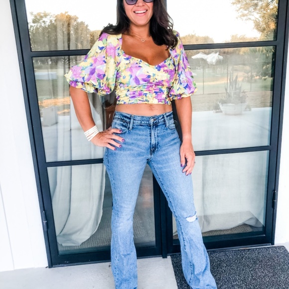 For Love and Lemons Cassia Floral Crop Top Yellow/Lilac - M - Picture 1 of 4